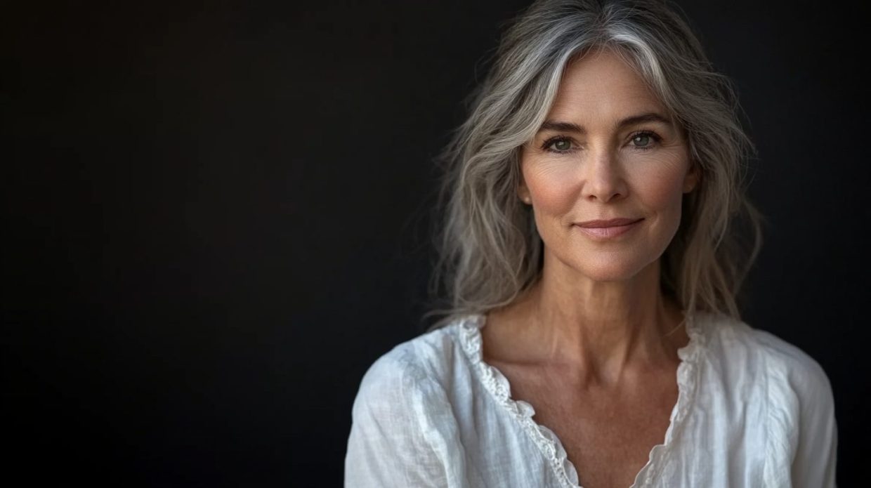 Porträt einer reifen Frau mit langen, silbergrauen Haaren und sanftem Lächeln. Sie trägt eine weiße Bluse mit Spitzenverzierung, der dunkle Hintergrund hebt ihr Gesicht elegant hervor.