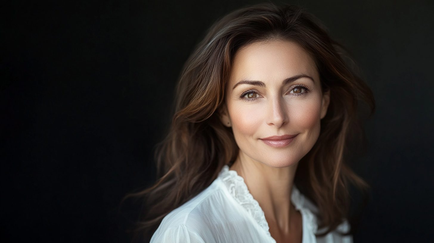 Porträt einer brünetten Frau mit grünen Augen in weißer Bluse vor dunklem Hintergrund, die ruhig und selbstbewusst in die Kamera blickt.