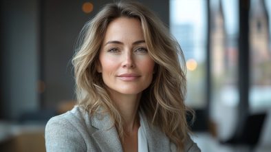 Attraktive, erfolgreiche Frau um die 40, elegant gekleidet, schaut selbstbewusst in die Kamera – Symbolbild für niveauvolle Partnervermittlung