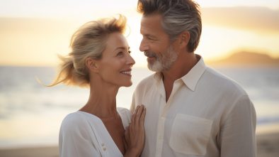 Attraktives Paar Mitte 50 bei Sonnenuntergang am Strand, lachend und liebevoll verbunden