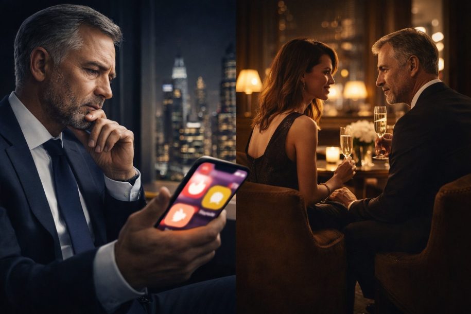 Erfolgreicher Geschäftsmann betrachtet Dating-Apps skeptisch, während ein elegantes Paar sich in diskreter Atmosphäre begegnet – Symbol für diskrete Partnersuche für Akademiker.