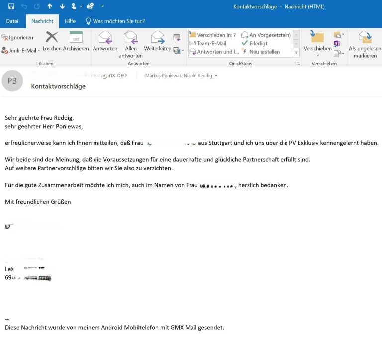 E-Mail-Dankschreiben an PV-Exklusiv über erfolgreiche Kontaktvorschläge und eine gefundene Partnerschaft