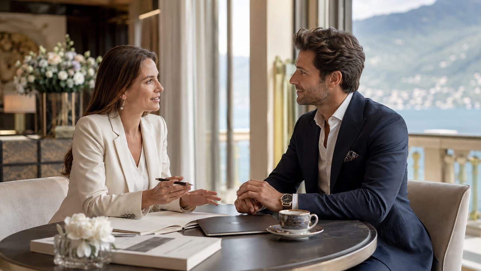 An elegant consultant in conversation with an attractive man in a bright, high-quality environment with a stylish view – a symbolic image representing reputable matchmaking, trust, and personal advice at [company name]. PV-Exklusiv.