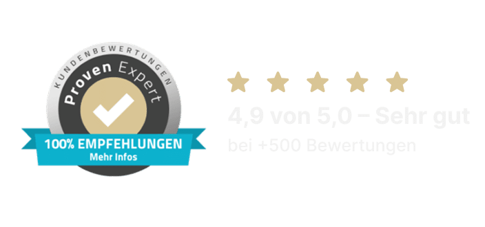 ProvenExpert-Bewertungssiegel mit 4,9 von 5 Sternen und über 500 Kundenbewertungen für PV-Exklusiv.