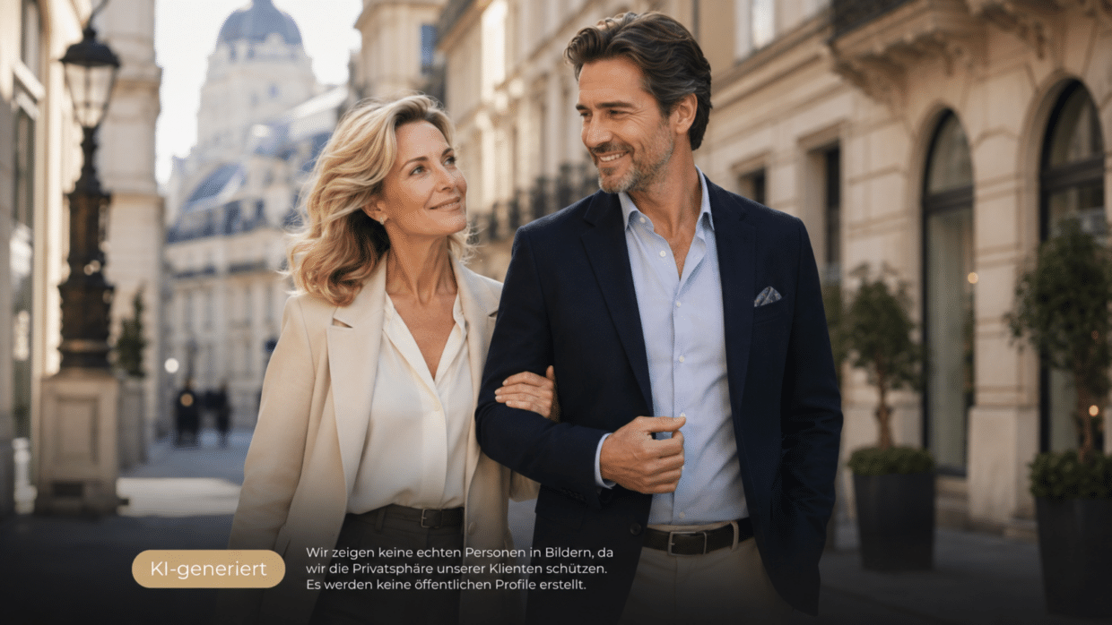 Older woman with younger man looking for a partner from age 55 – a couple walks arm in arm through the city.